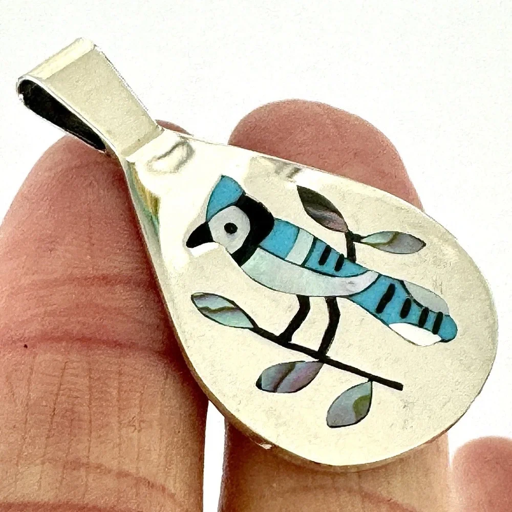 Zuni Blue Jay Pendant 1.5in  Edaakie Native Amer Inlay Turquoise Sterling Animal